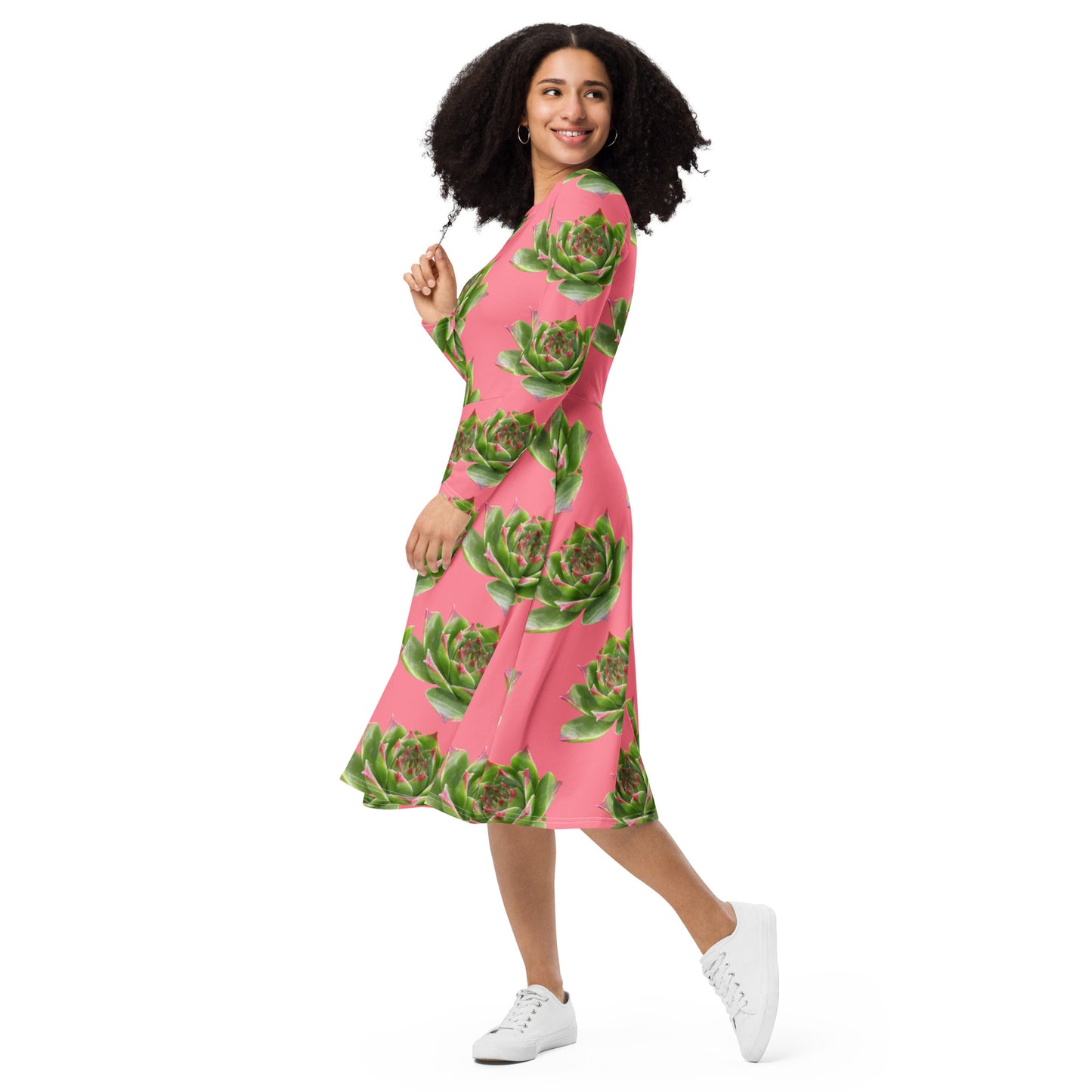 All-over print long sleeve midi dress